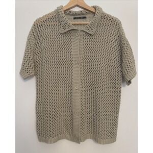 Tamulily Short Sleeve Mesh Knit Button Front Cardigan Sweater Beige Medium Flowy